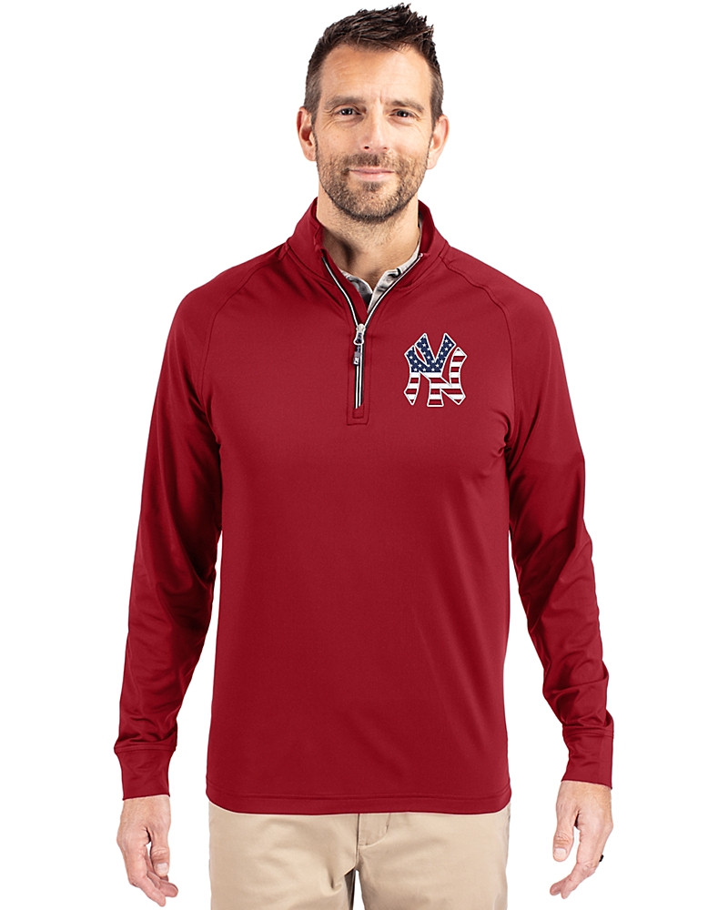 Image of New York Yankees Stars & Stripes Cutter & Buck Adapt Recycled Soft Knit Stretch  Mens Quarter Zip Pullover
