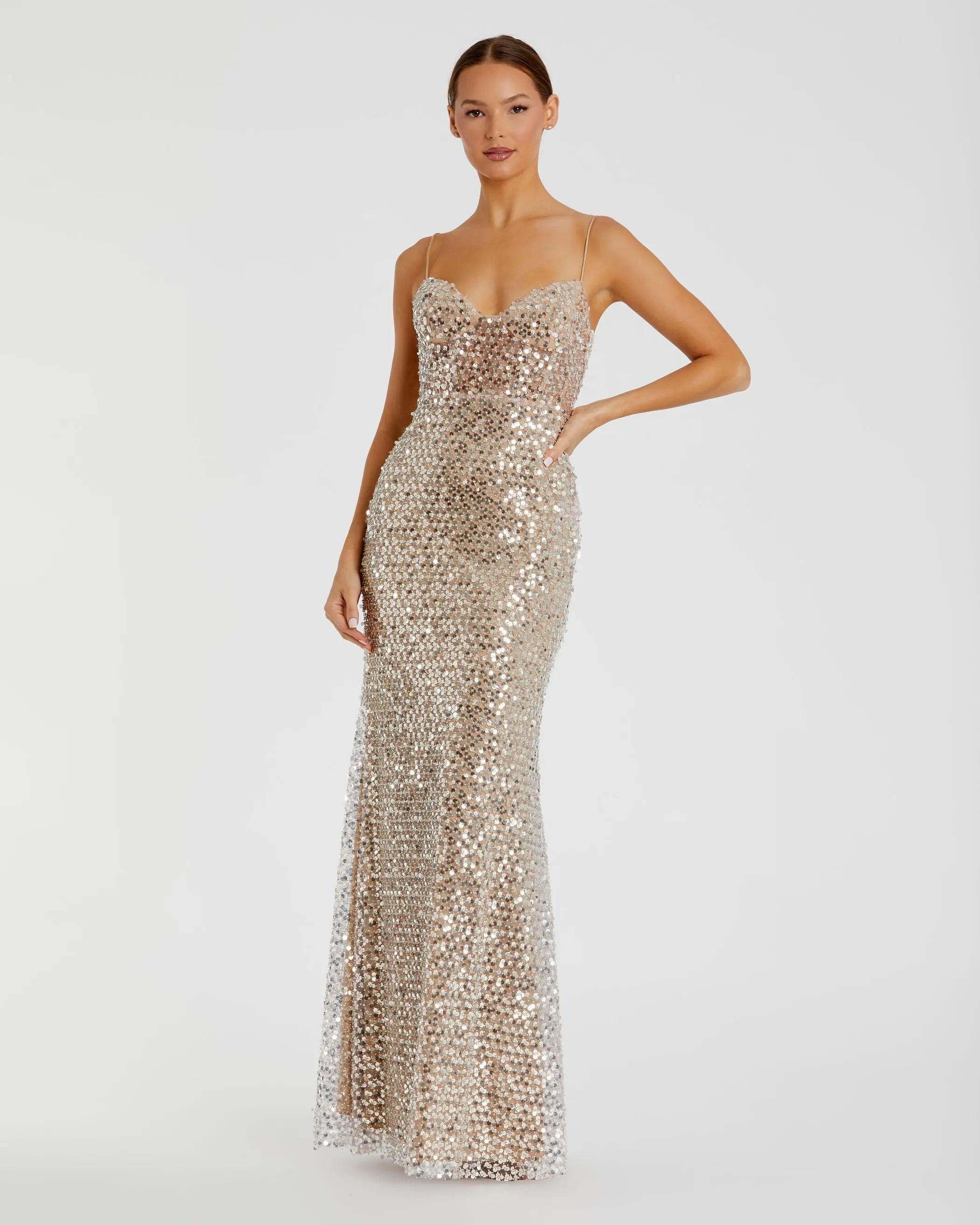 Image of Silver Embellished Bustier Column Gown
