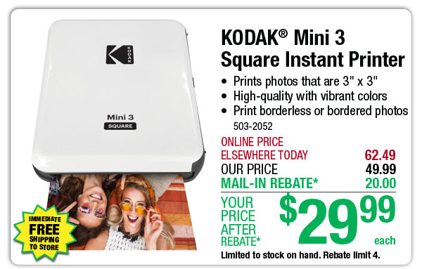 KODAK® Mini 3 Square Instant Printer - ONLY $29.99 After Rebate*!