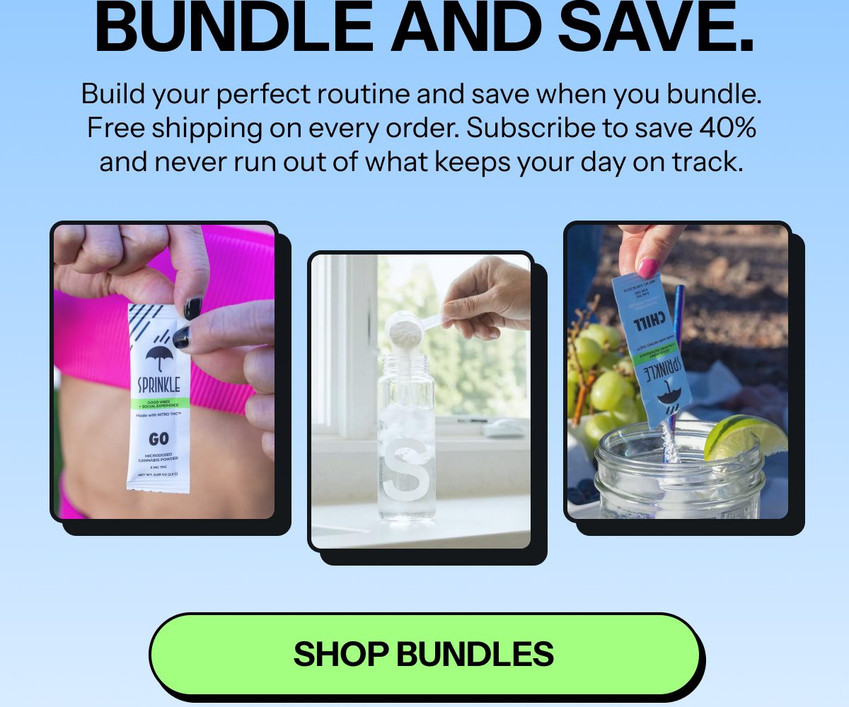 Three images showing a fitness routine, a water bottle, and a product packet with a blue background.