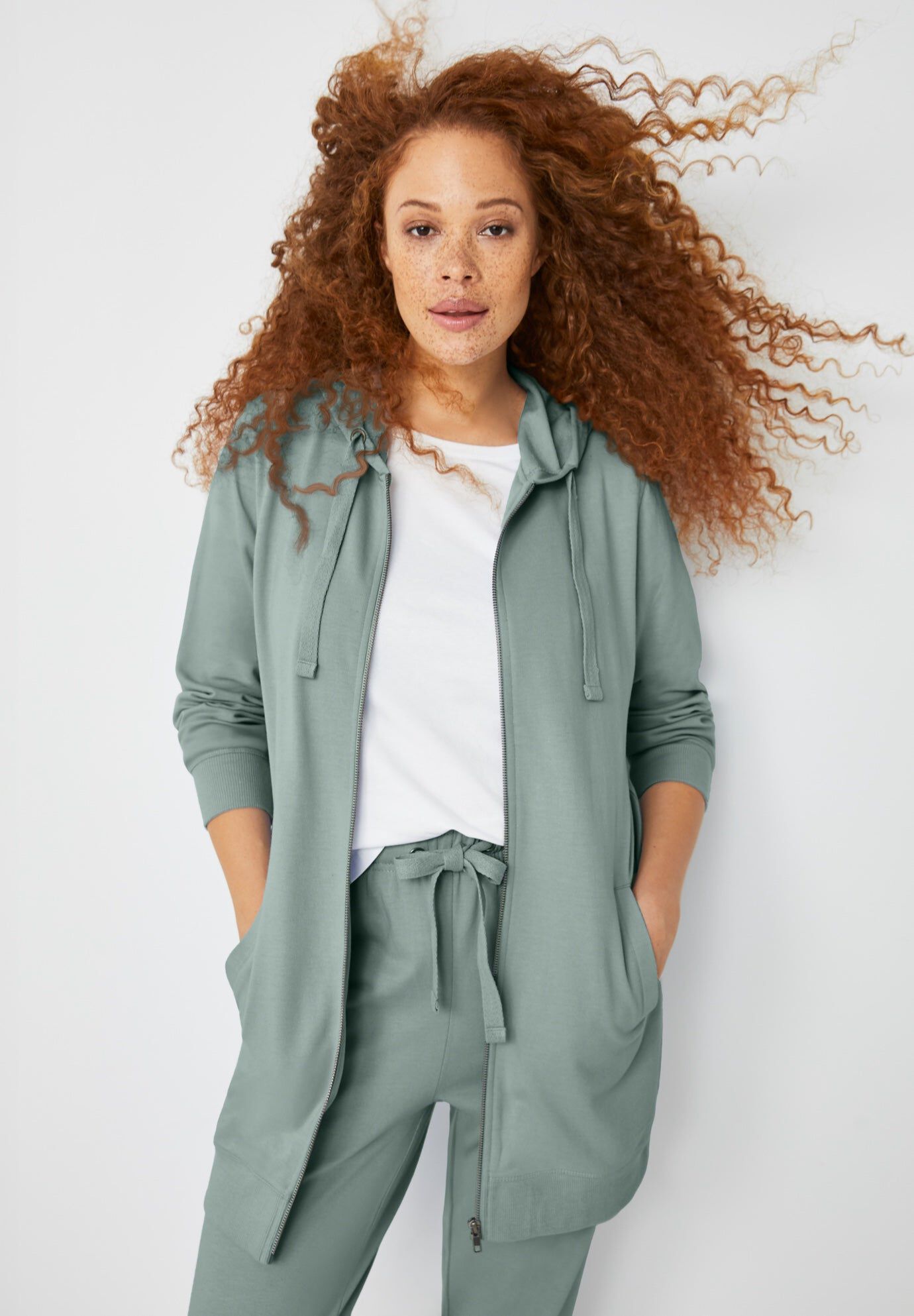French Terry Long Sleeve ZipFront Tunic Hoodie﻿