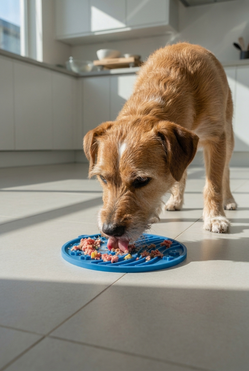 Dog enjoying a SodaPup lick mat outdoors