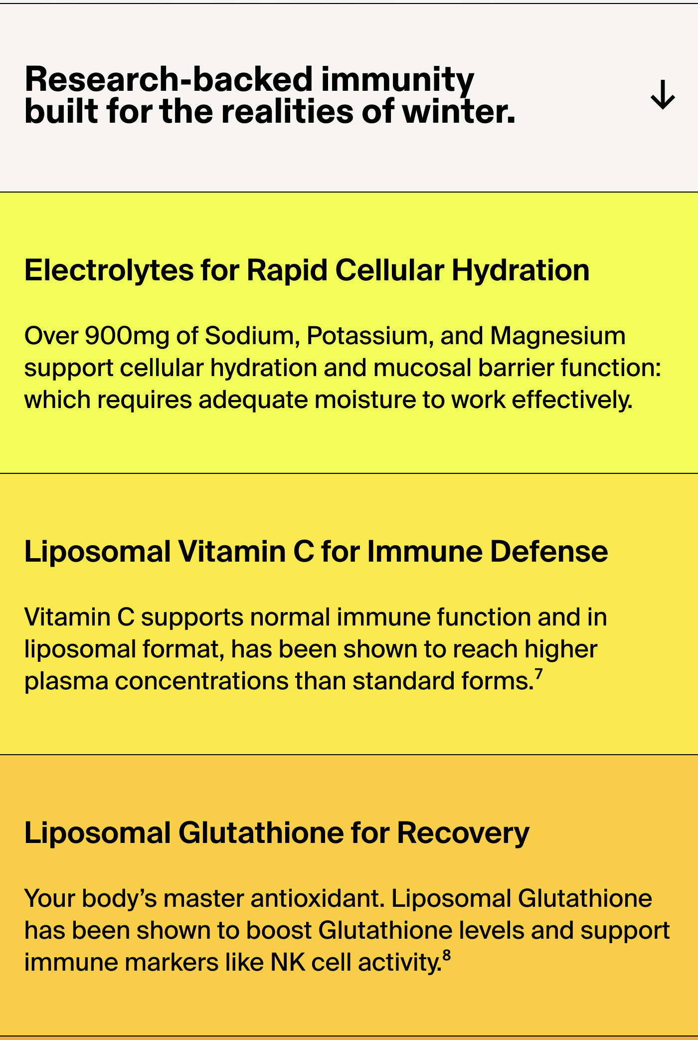 Electrolytes for Rapid Cellular Hydration: Over 900mg of Sodium, Potassium, and Magnesium support cellular hydration and mucosal barrier function: which requires adequate moisture to work effectively.  Liposomal Vitamin C for Immune Defense: Vitamin C supports normal immune function and in liposomal format, has been shown to reach higher plasma concentrations than standard forms.[7]  Liposomal Glutathione for Recovery: Your body’s master antioxidant. Liposomal Glutathione has been shown to boost Glutathione levels and support immune markers like NK cell activity.[8]  CoQ10 for Cellular Energy & Oxidative Stress Support: Meta-analyses show CoQ10 supports mitochondrial function and reduces oxidative-stress biomarkers. Especially relevant during sleep-deprived, high-stress weeks.[9]