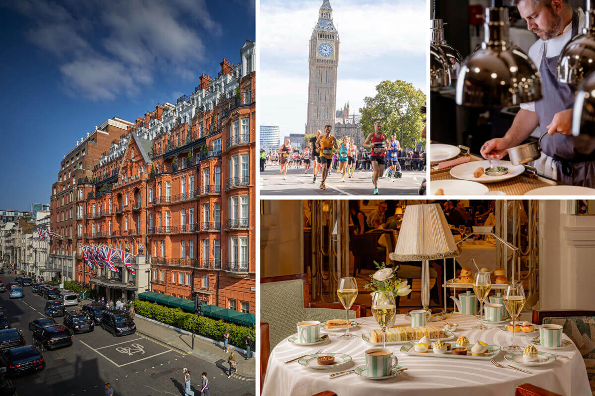 Collection of images: left image is Claridge's exterior, bottom right is afternoon tea in The Foyer, middle top is a runner in the London marathon, top right is a chef plating a dish in Claridge's Restaurant