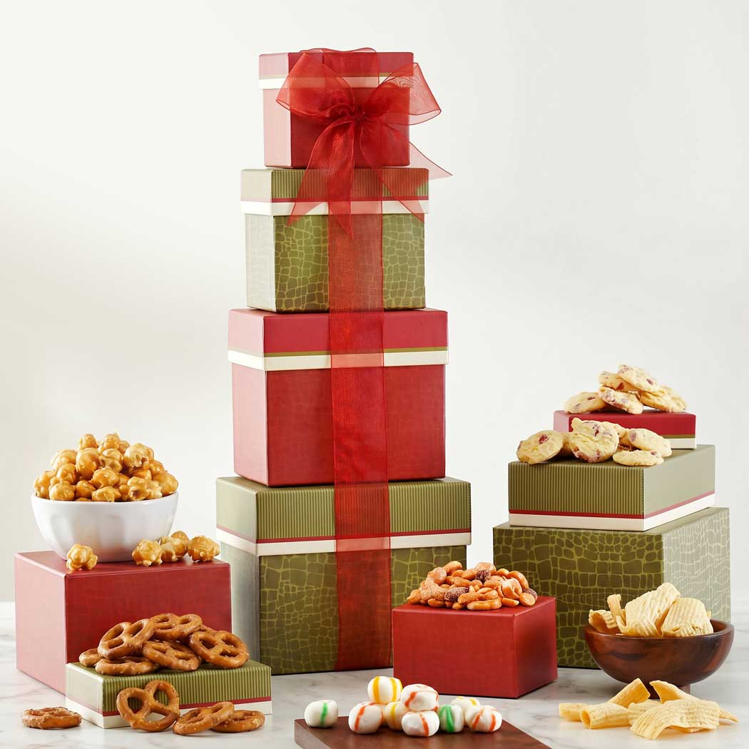 Thinking of You Gift Tower with assorted sweet and savory treats.