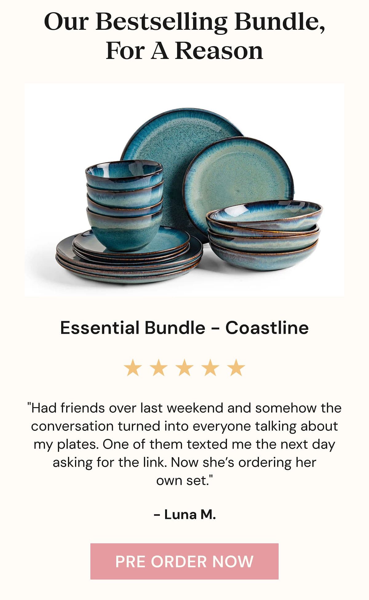 Ceramic dish set in blue and green tones with plates and bowls, featuring a customer review.