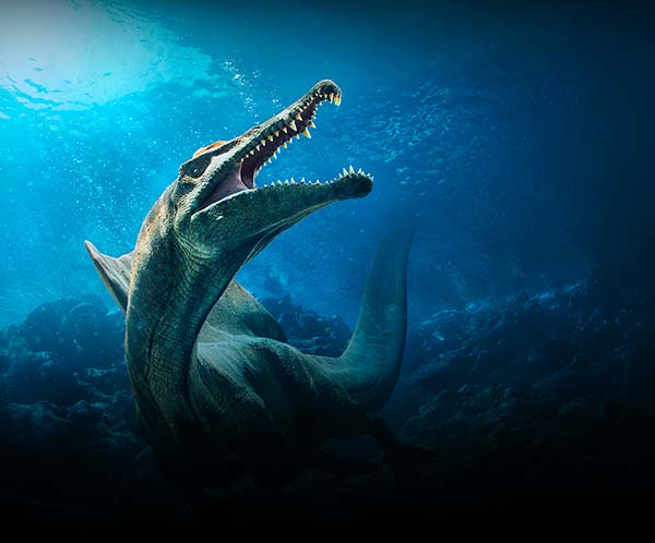 Sobek the Spinosaurus, a large theropod dinosaur with a distinctive sail on its back and a long, crocodile-like snout, swimming underwater with its jaw open
