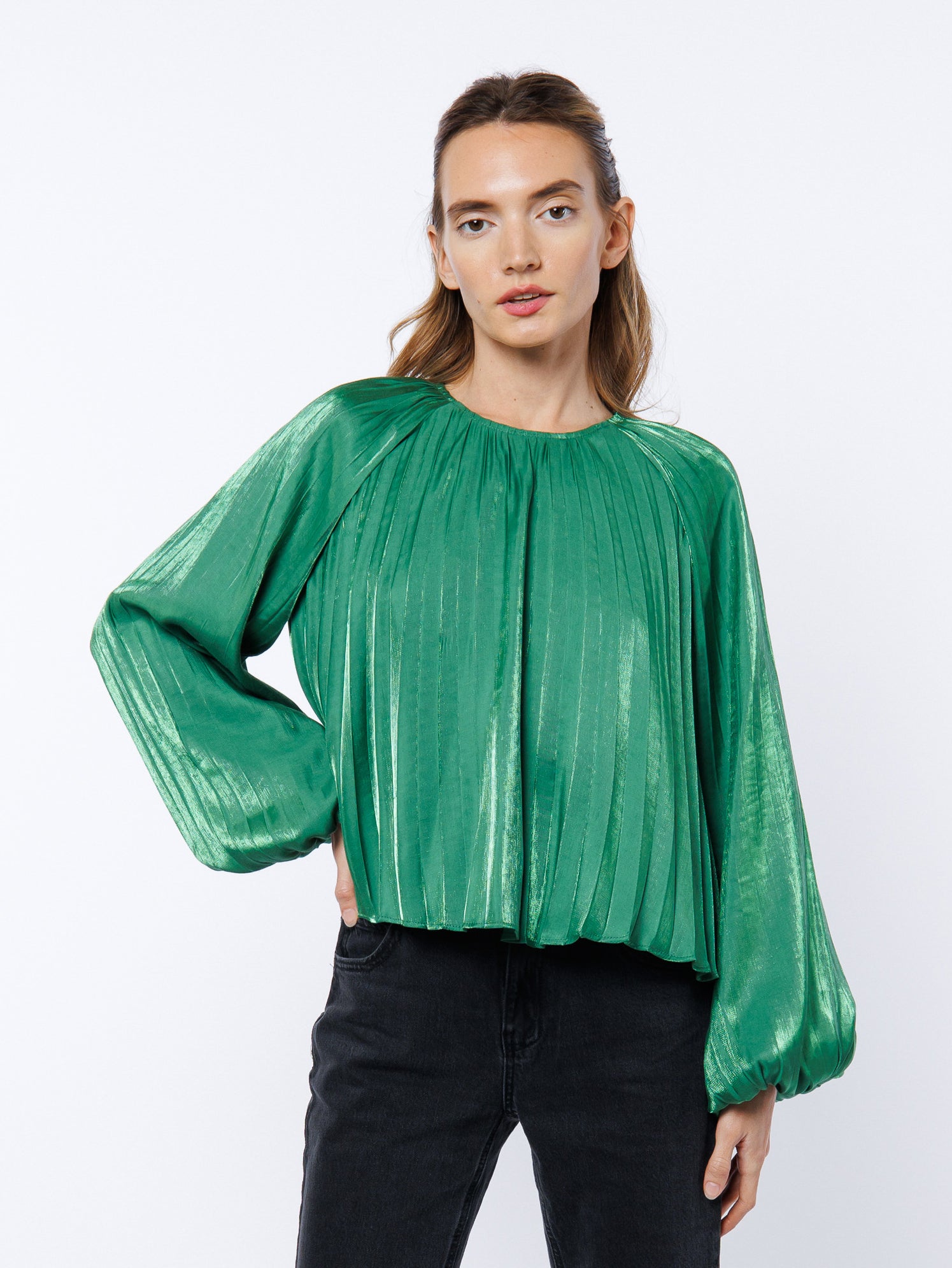 Image of Giulia Pleated Satin Raglan Sleeve Top