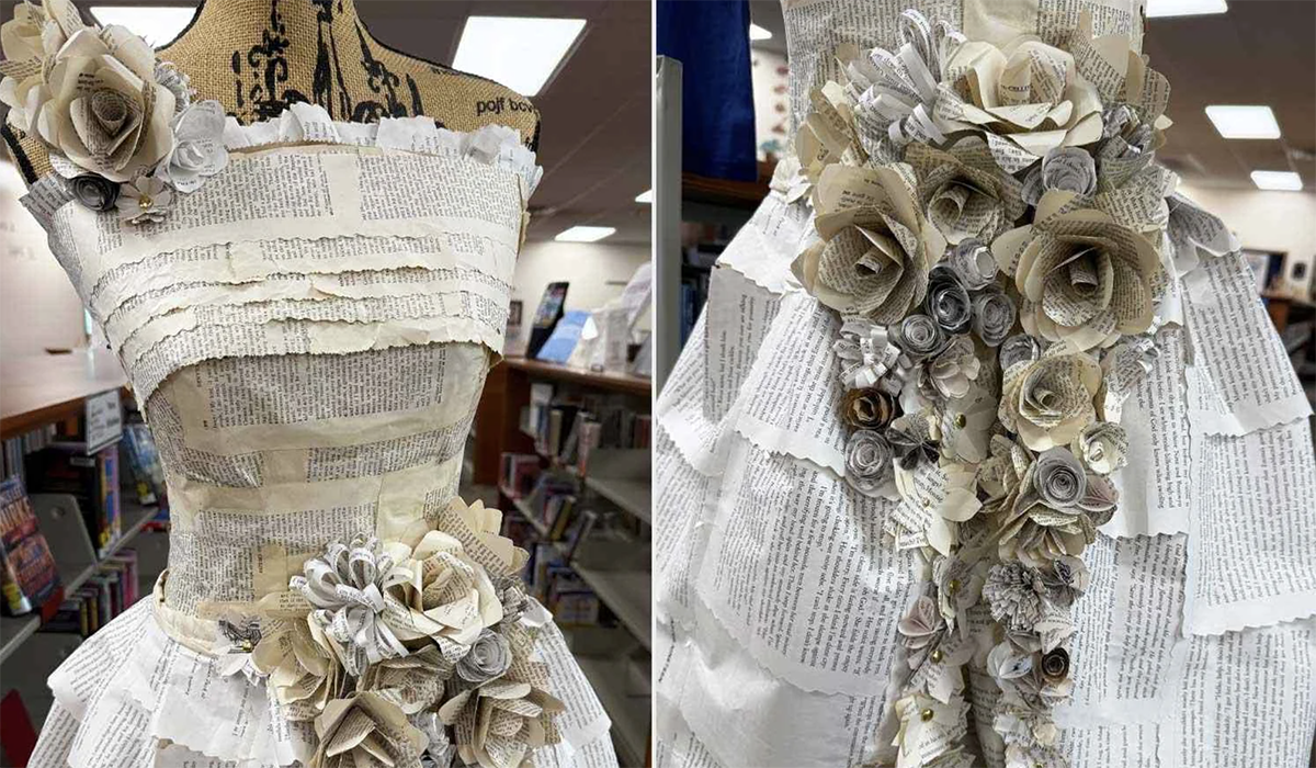A wedding dress made of old book pages.