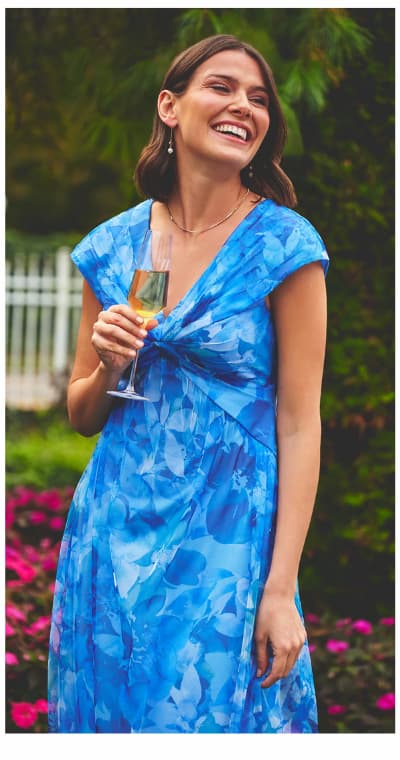 Cap Sleeve Twist Front Floral Tulle Gown In Blue Multi