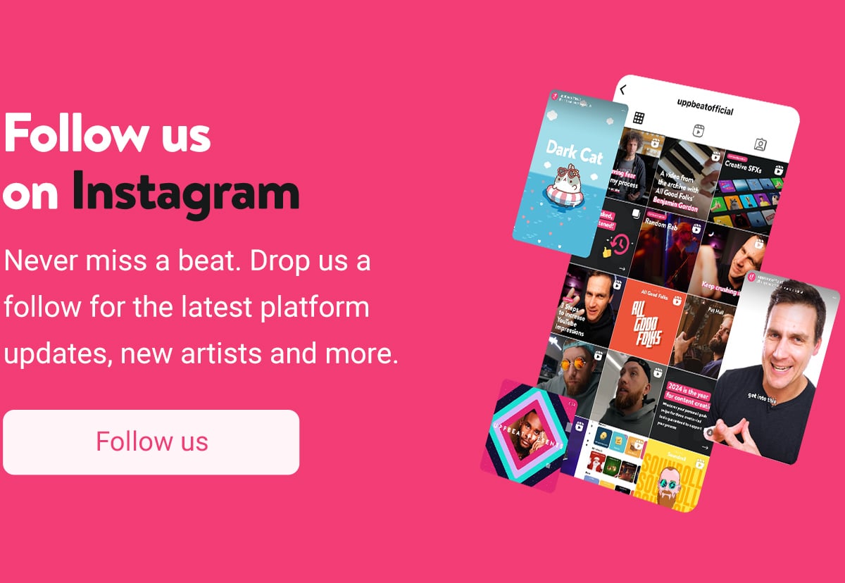An image of the Uppbeat Official Instagram profile, with the text 'Follow us on Instagram for the latest platform updates and more' and a button that says 'follow us'.