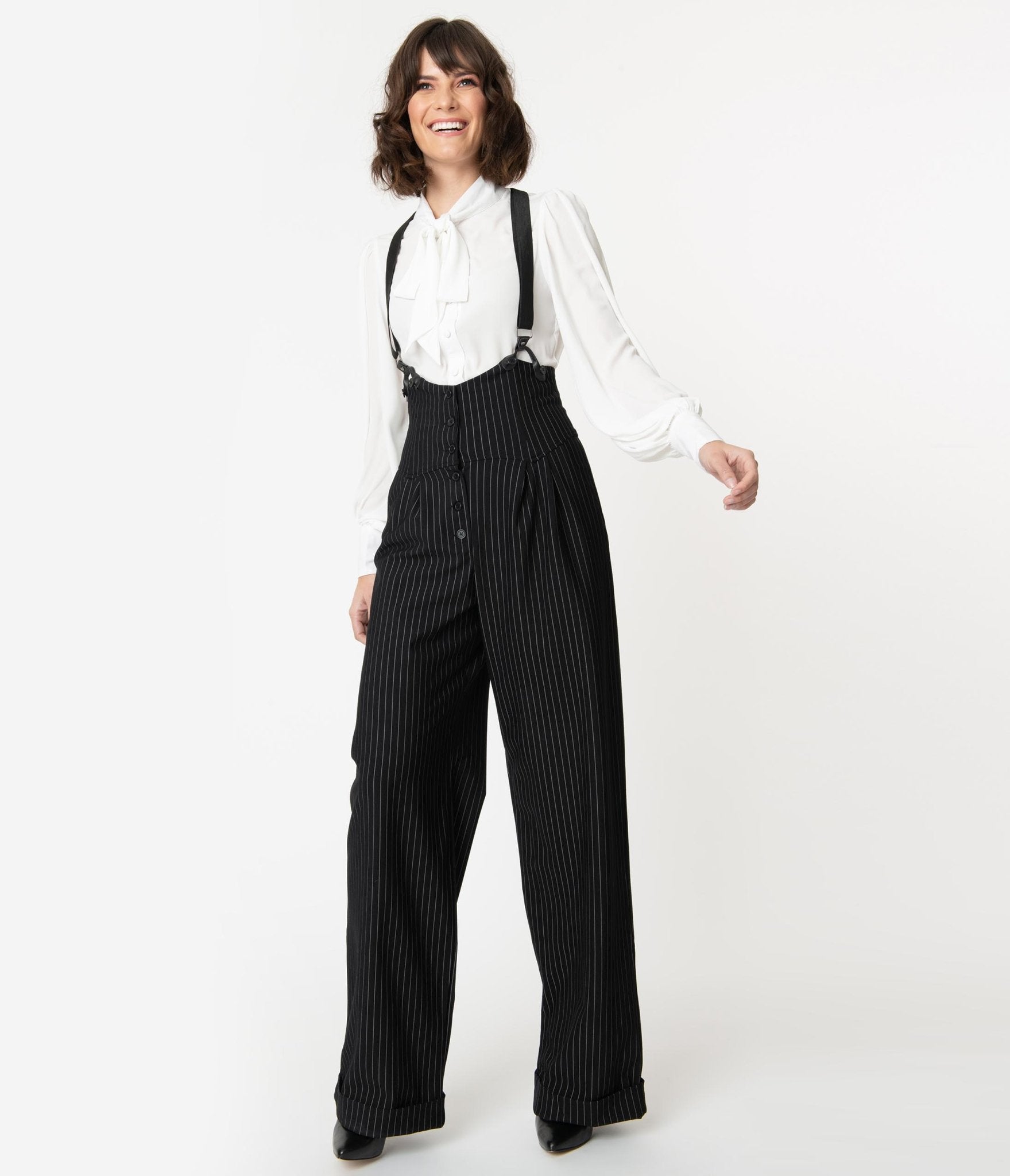 Image of Unique Vintage 1930s Black & White Pin Stripe Thelma Suspender Pants
