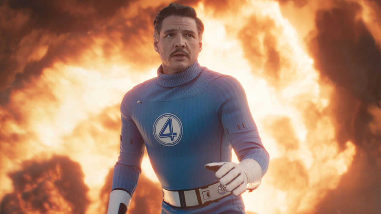 Pedro Pascal in costume running from flames in a still from The Fanastic Four 