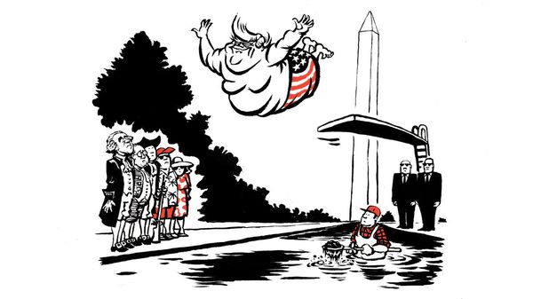 Illustration of Donald Trump jumping into the mirror lake with old presidents and tourists looking at him. 