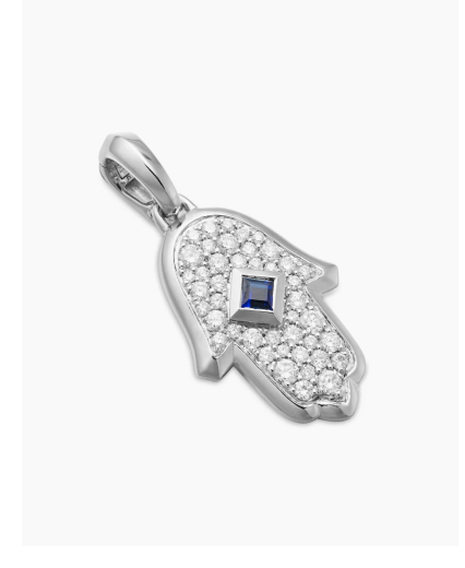 Hamsa Amulet18K White Gold with Pavé Diamonds and Blue Sapphire, 24.6mm