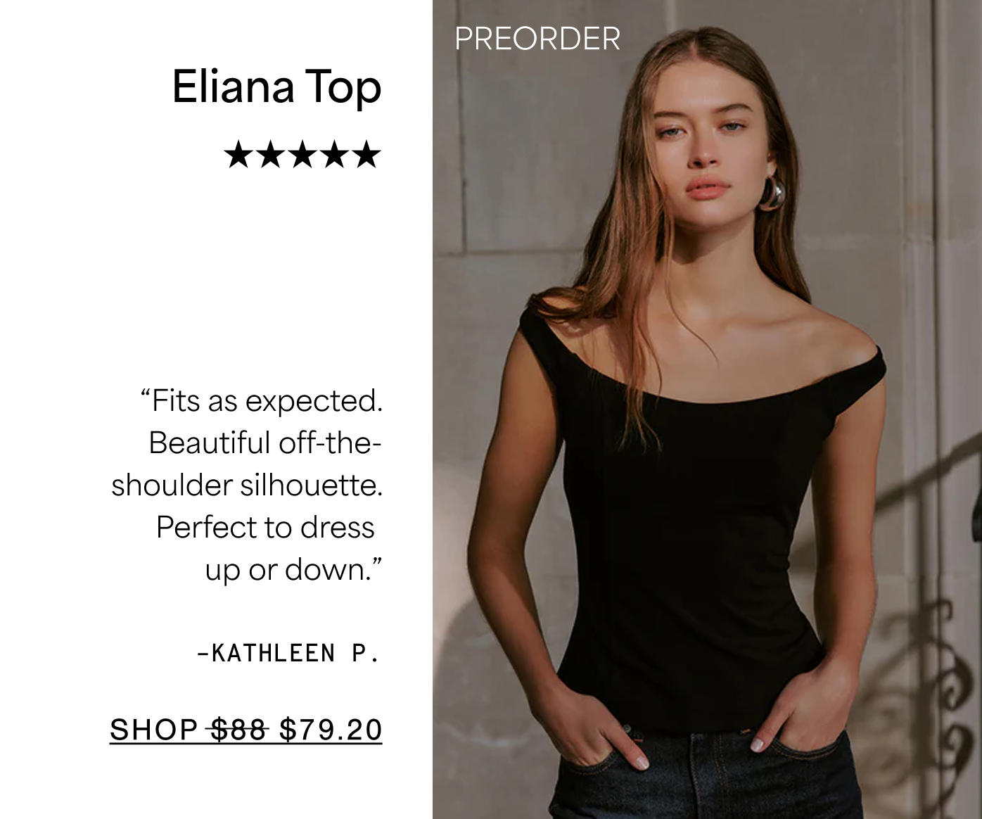 Eliana Top ★★★★★ PREORDER “Fits as expected. Beautiful off-the-shoulder silhouette. Perfect to dress  up or down.”  –KATHLEEN P. SHOP $79.20