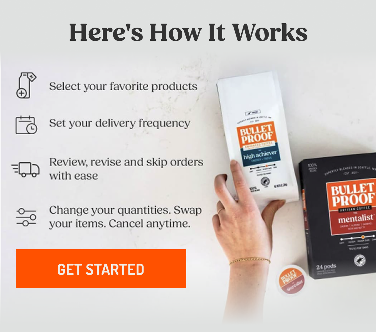 Here's How It Works  Select your favorite products Set your delivery frequency Review, revise and skip orders with ease Change your quantities. Swap your items. Cancel anytime.  GET STARTED