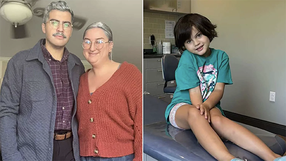 Two pictures. First of a young couple with fake gray hair; and, a little girl poses.