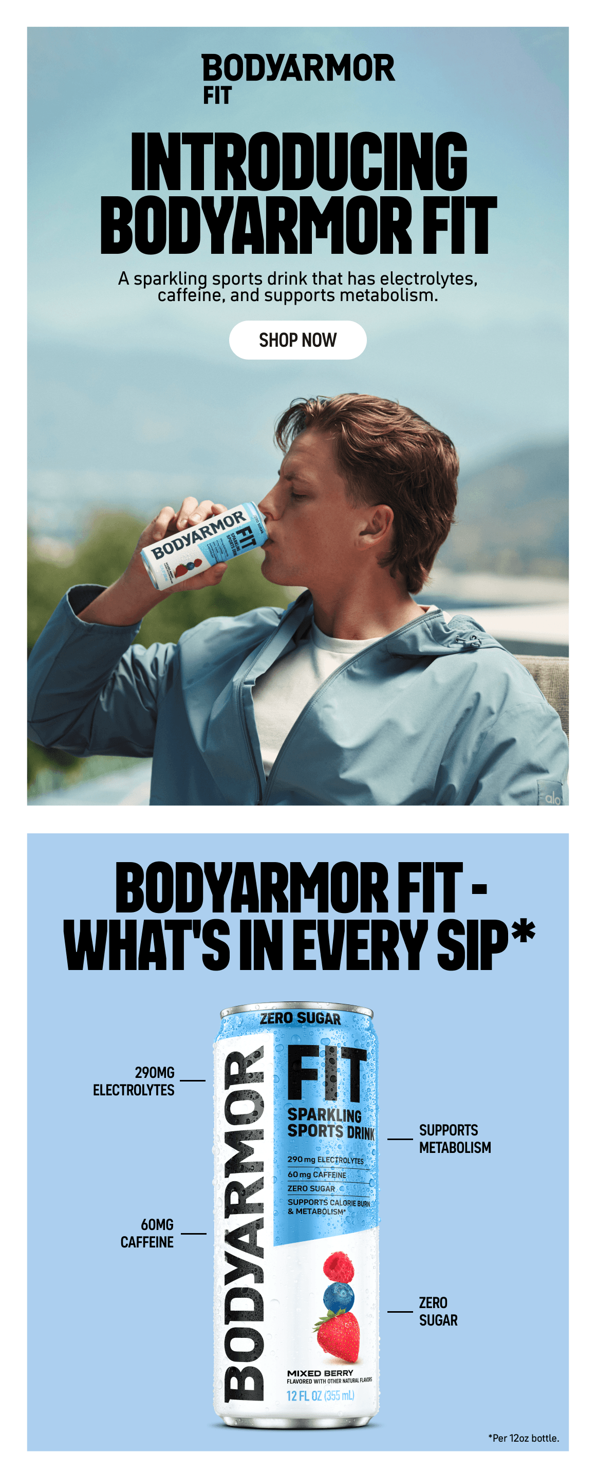 BODYARMOR FIT sparkling sports drink with electrolytes, caffeine, and zero sugar, featuring Mixed Berry flavor.