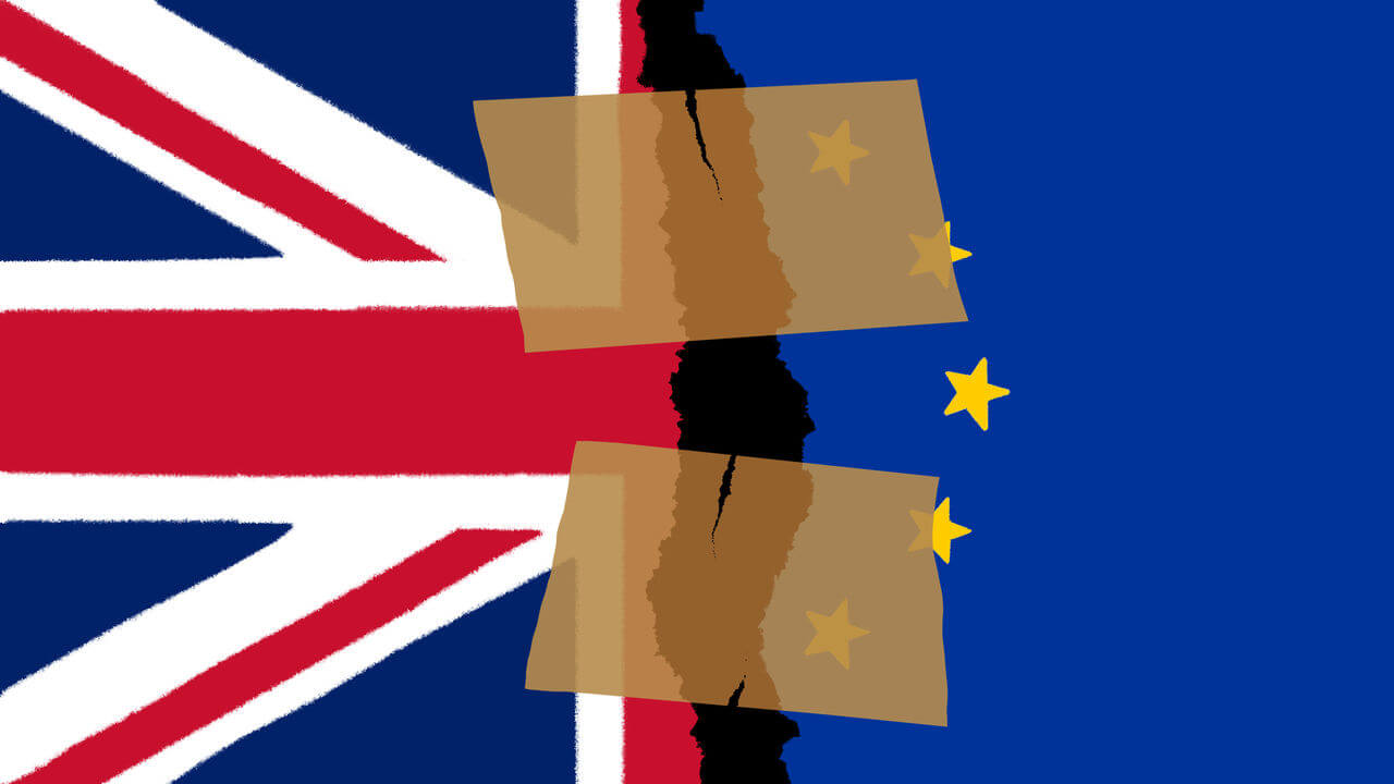 This image is a visual metaphor for Brexit, symbolizing the United Kingdom's departure from the European Union. On the left side is the Union Jack, representing the UK, and on the right is the EU flag with its recognizable blue background and yellow stars.