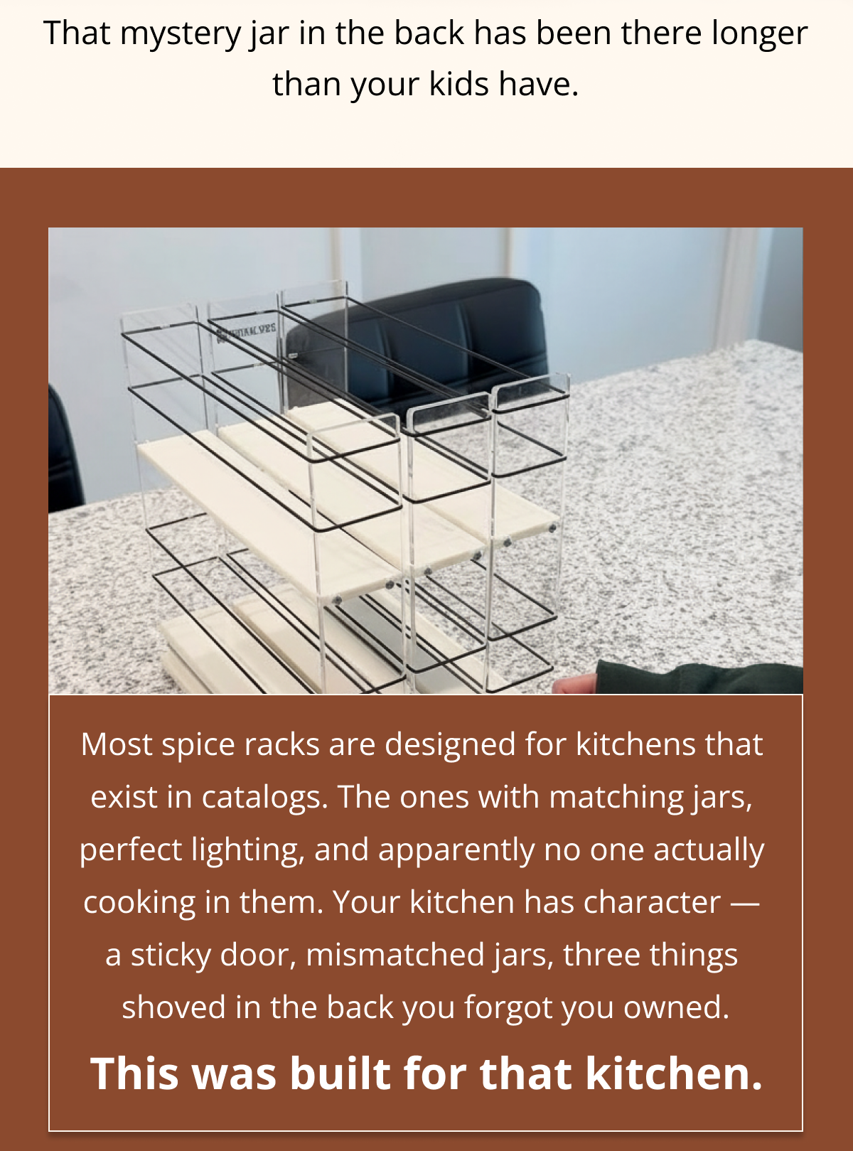 Expandable spice rack drawer organizer with multiple tiers placed on kitchen counter for easy access to jars and containers