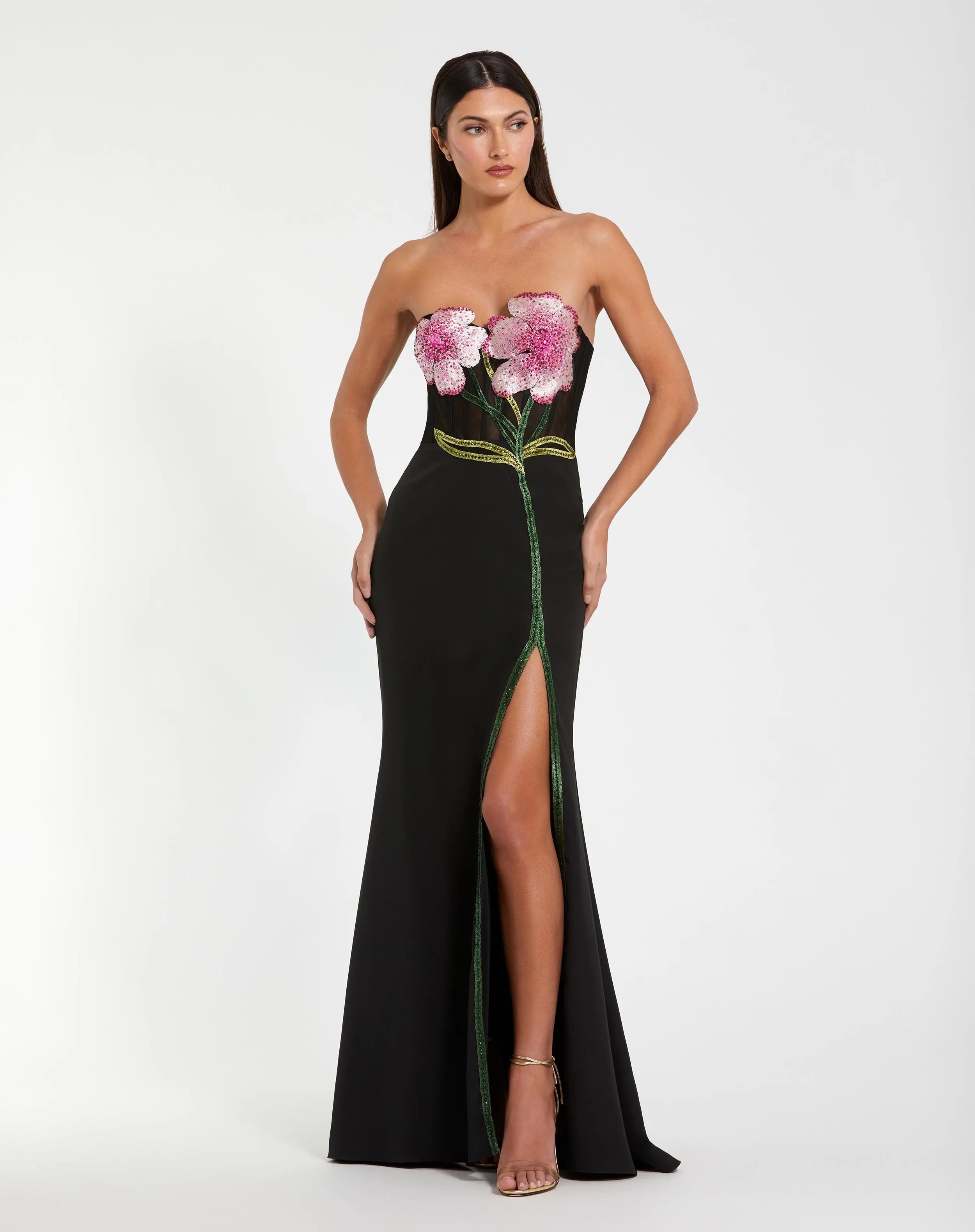 Image of Black Strapless Embroidered Bustier Gown