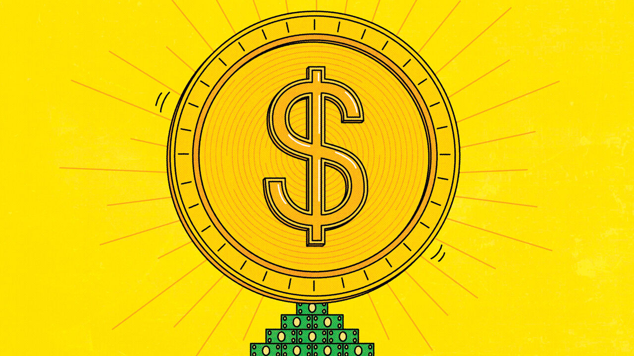 A large golden coin with a dollar sign on its face, radiating light like the sun