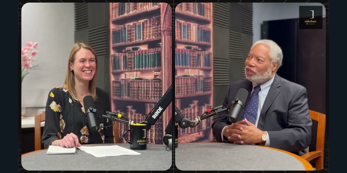 Smithsonian Sidedoor’s Lizzie Peabody and Smithsonian Secretary Lonnie G. Bunch III in the recording studio