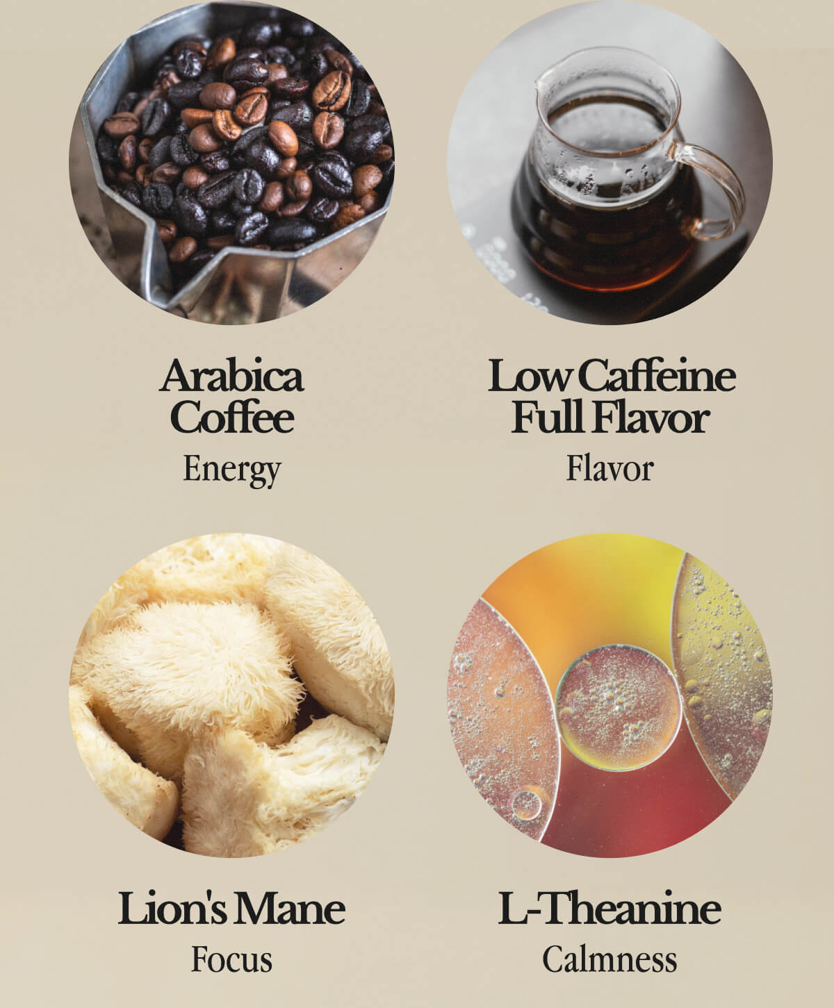 • Arabica Coffee – Energy | • Low Caffeine Full Flavor – Flavor | • Lion's Mane – Focus | • L-Theanine – Calmness