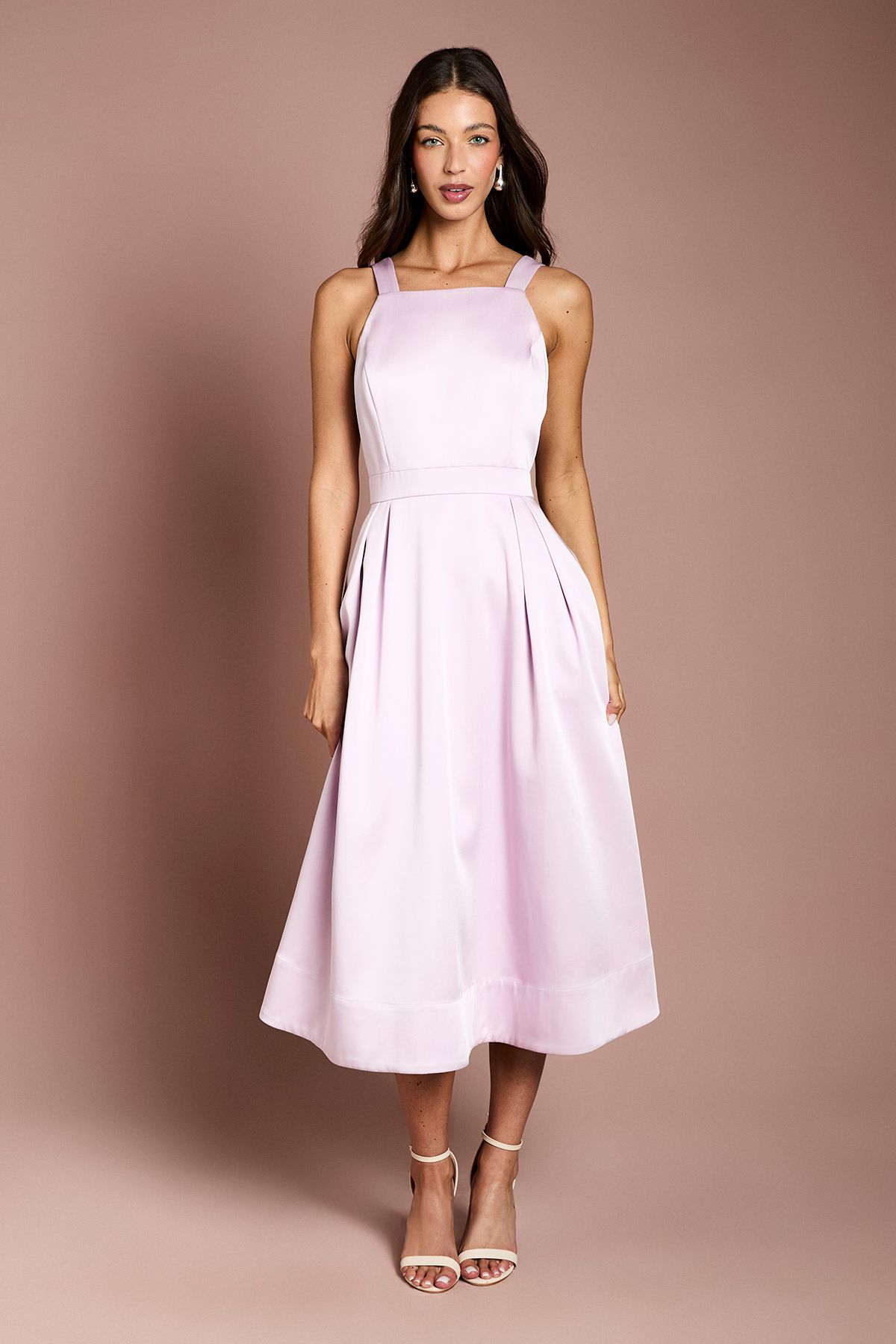 Satin Bow Shoulder Pleated Midi Dress