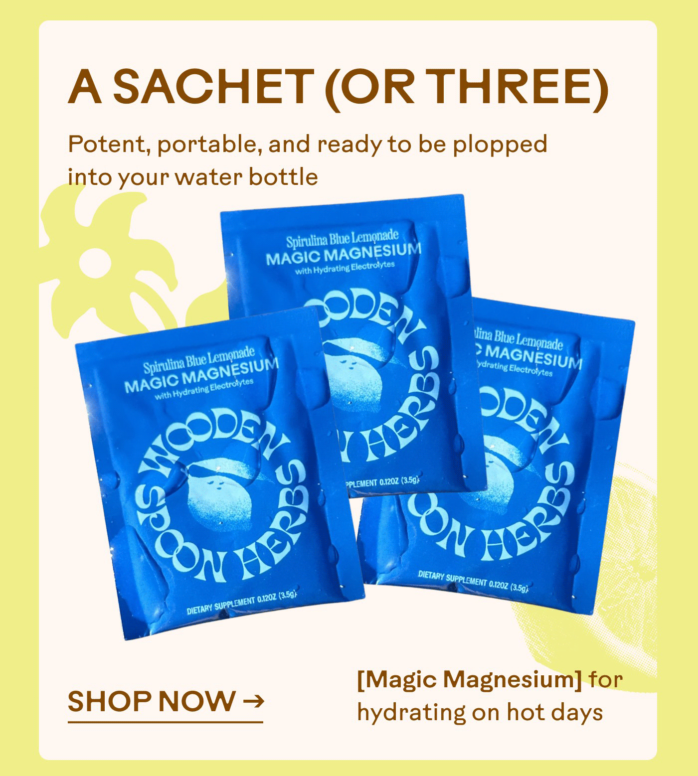 A Sachet (or Three) Potent, portable, and ready to be plopped into your water bottle [Magic Magnesium] for hydrating on hot days SHOP NOW