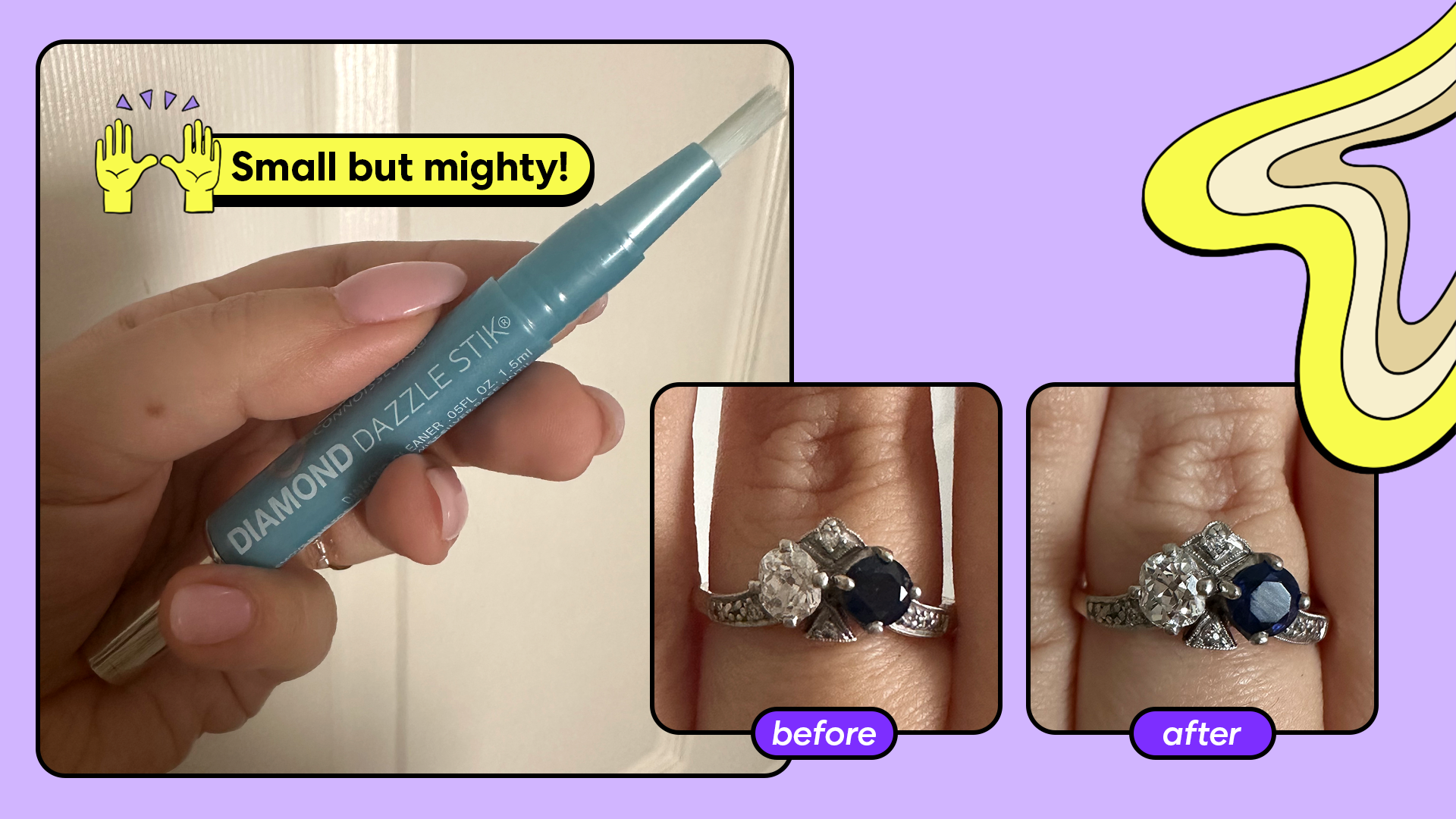 A ring before and after using Connoisseurs’ $9 Diamond Dazzle Stik