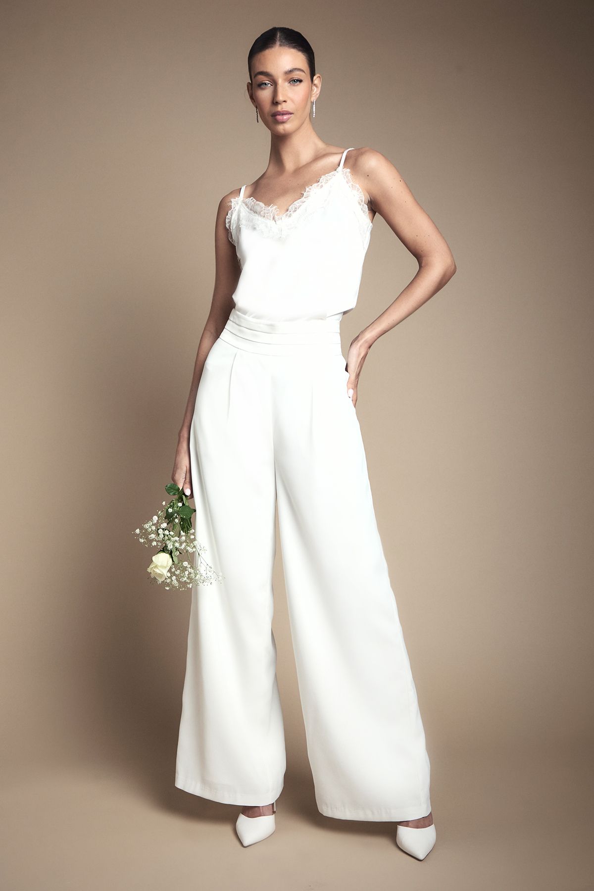 Satin Trim High Waist Wide Leg Bridal Trouser