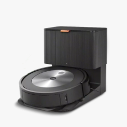 An iRobot Roomba j7+ Self-Emptying Robot Vacuum on a gray background.