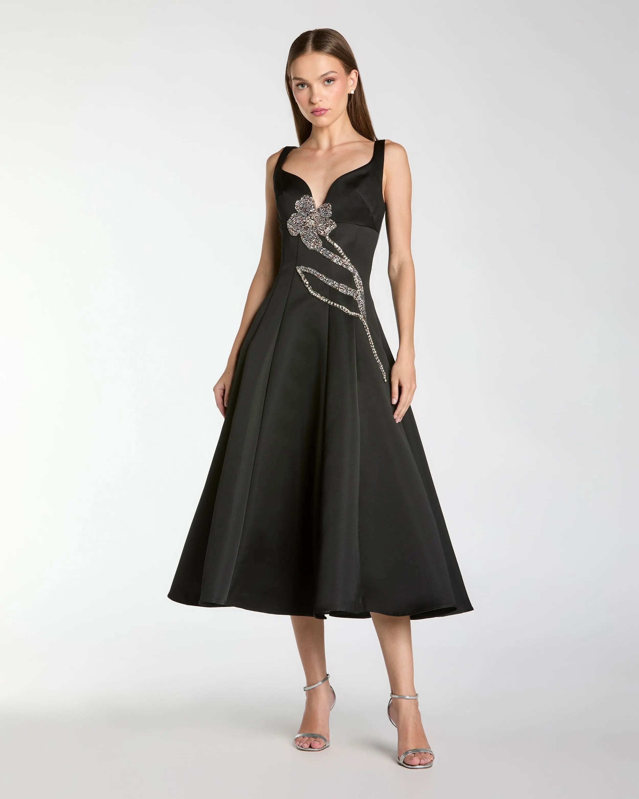 Image of Black A-Line Midi Dress With Embellished Flower