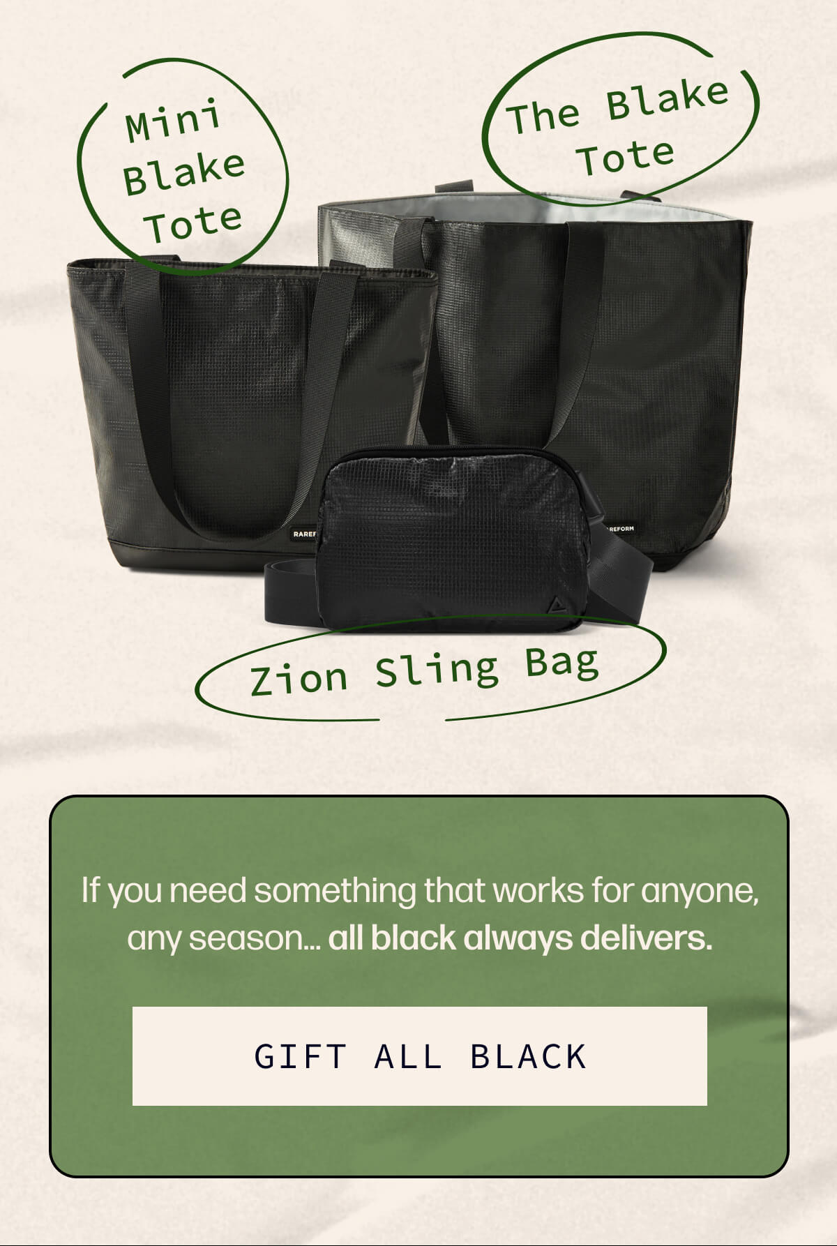 The Blake Tote - Zion Sling Bag - Mini Blake Tote | If you need something that works for anyone, any season… all black always delivers. | [GIFT ALL BLACK]