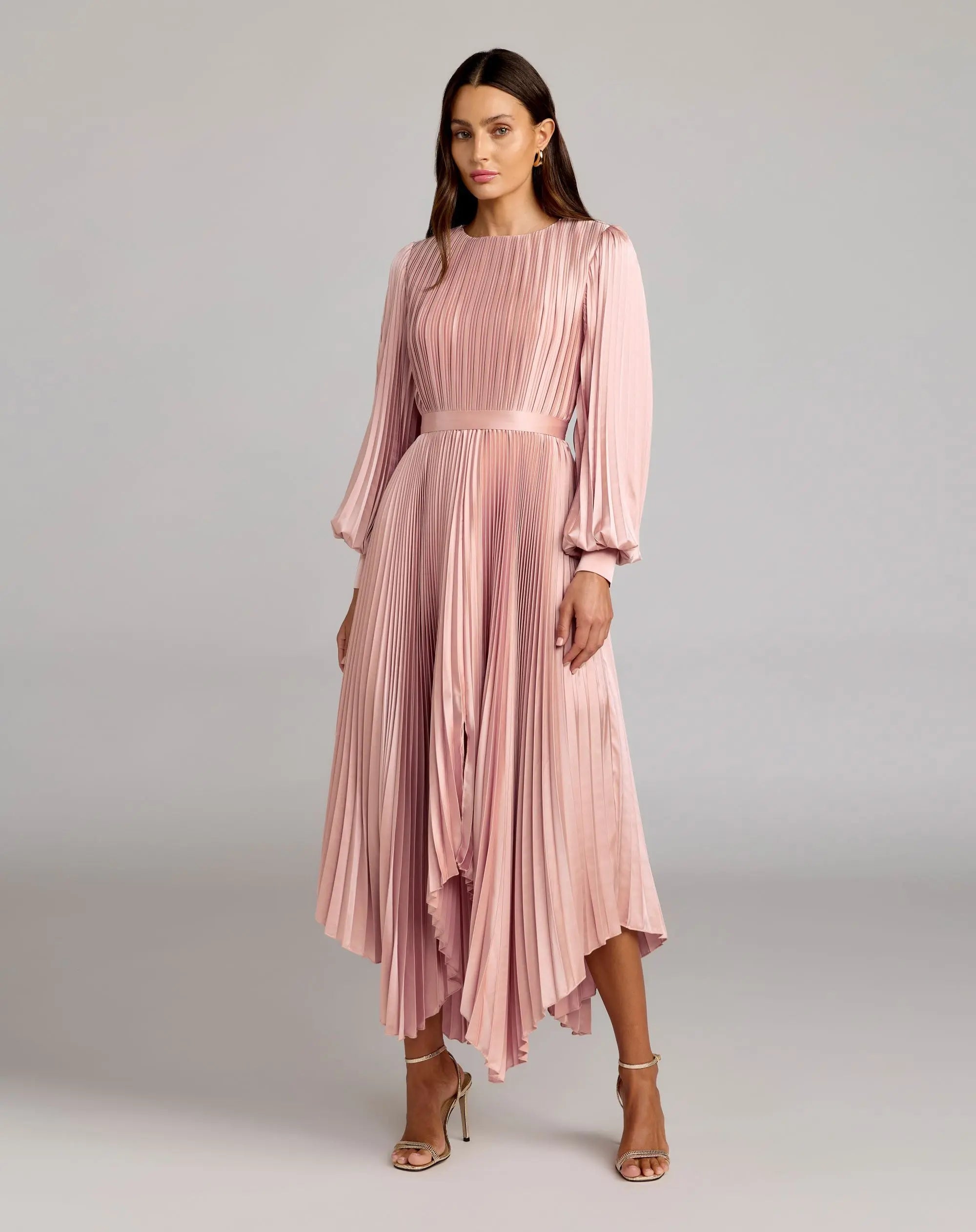 Image of Pink Long Sleeve Pleated Charmeuse Handkerchief Dress