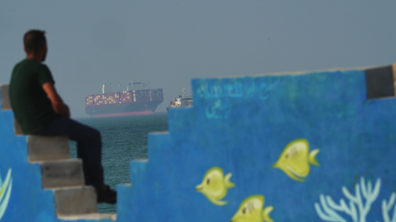 A Cargo boat navigates the Strait of Hormuz behind a mural depicting fishes at the shoreline on Qeshm Island, Iran