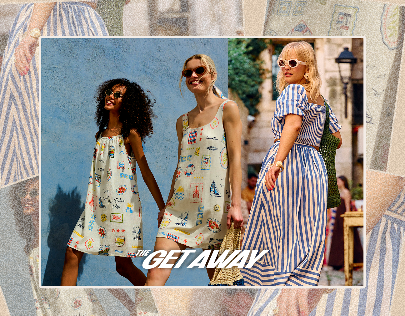 A woman and a girl in matching printed summer dresses and one a woman in striped dress walking outdoors, wearing sunglasses. The Getaway text overlaid.