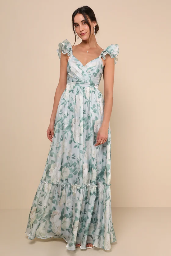 Image of Soiree Perfection Light Blue Floral Ruffled Tiered Maxi Dress