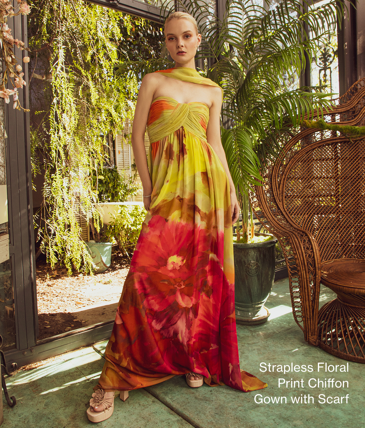 Strapless Floral Print Chiffon Gown with Scarf