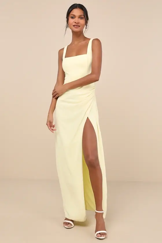 Image of Glamorous Disposition Light Yellow Ruched Maxi Dress