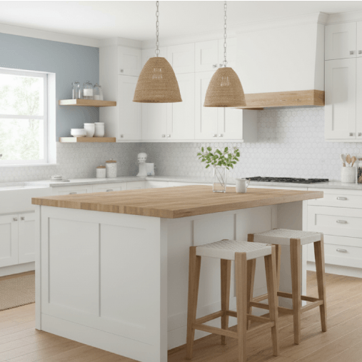 Modern kitchen with island and pendant lights.