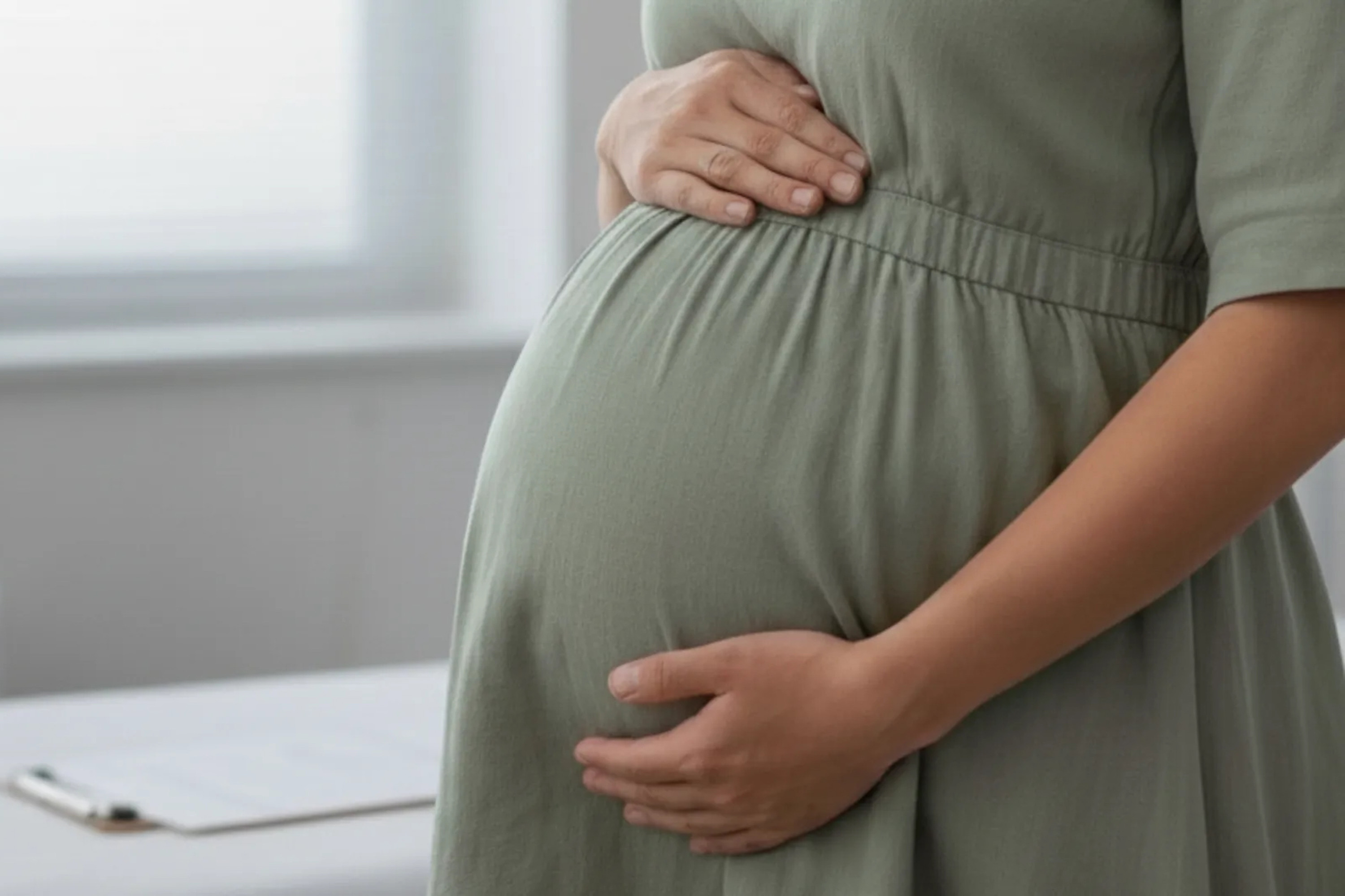 Pregnant woman holding her belly.