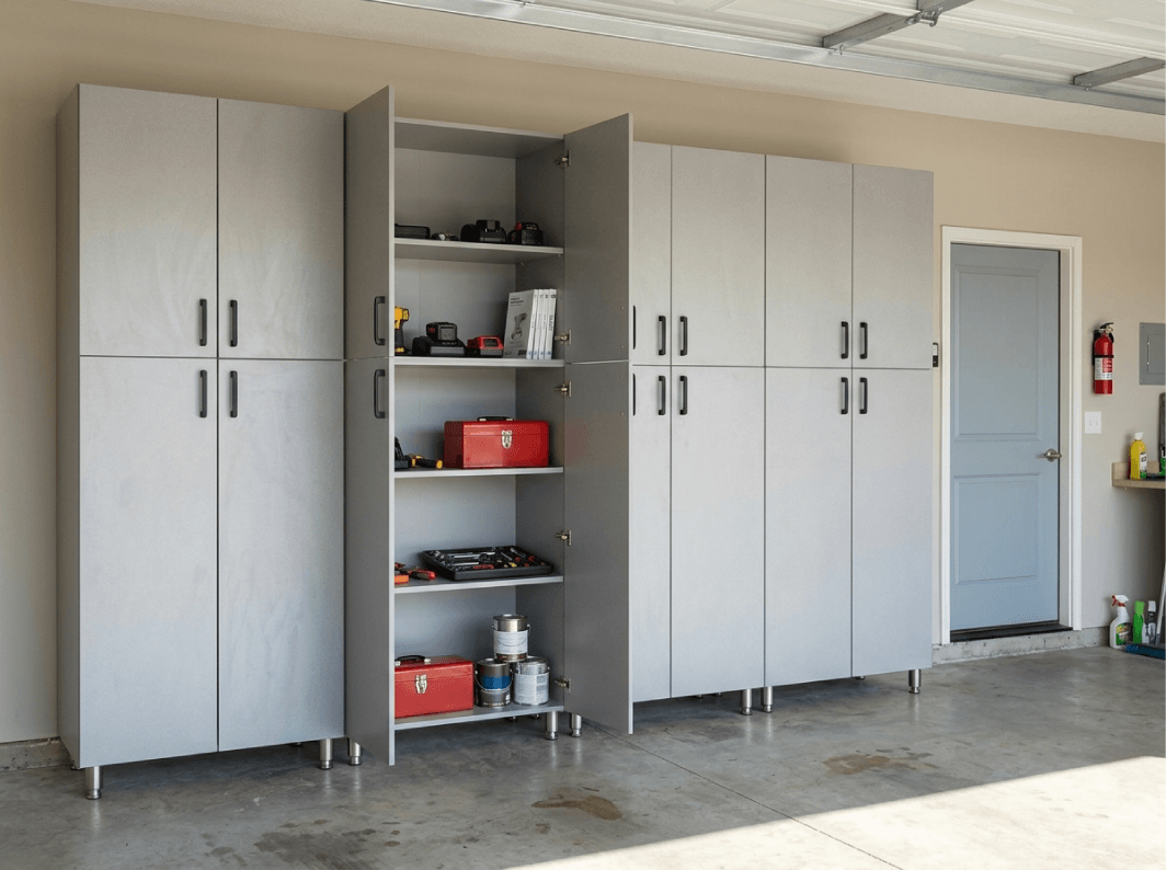 Garage with open gray cabinets, tools inside.