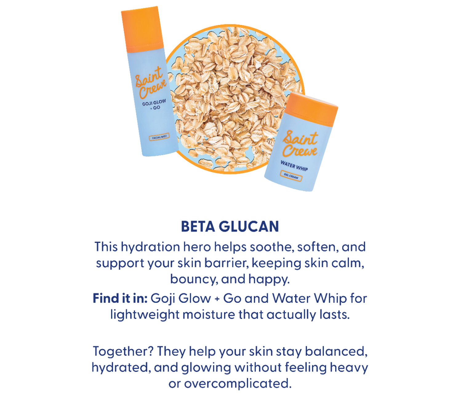 Beta Glucan: This hydration hero helps soothe, soften and support your skin barrier. Find it in Goji Glow + Go and Water Whip