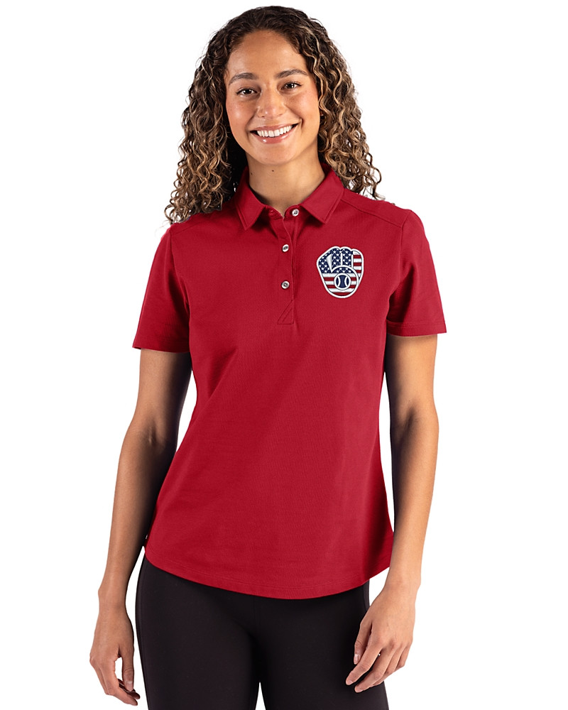 Image of Milwaukee Brewers Stars & Stripes Cutter & Buck Advantage Refresh Recycled&nbsp;Cotton-Blend Pique&nbsp;Womens Polo