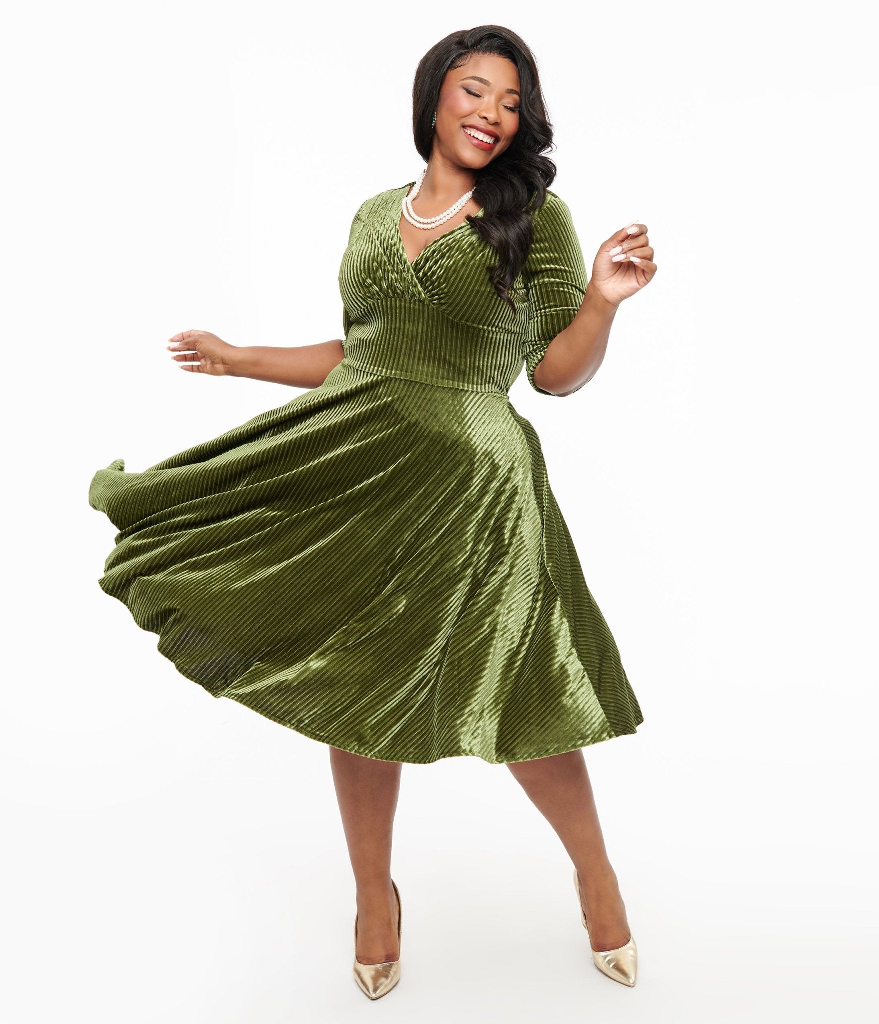 Image of Unique Vintage Plus Size Green 1950s Moss Green Velvet Delores Swing Dress