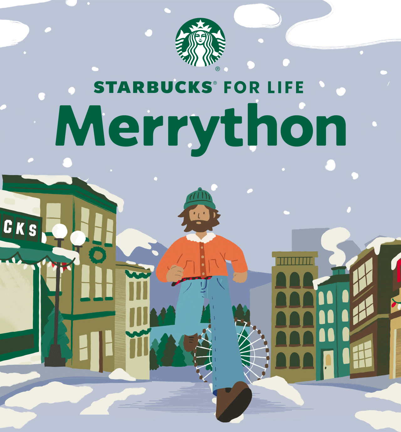 STARBUCKS® REWARDS | Starbucks For Life Merrython | Illustration of a man in winter clothing running through the snowy streets of Seattle. 