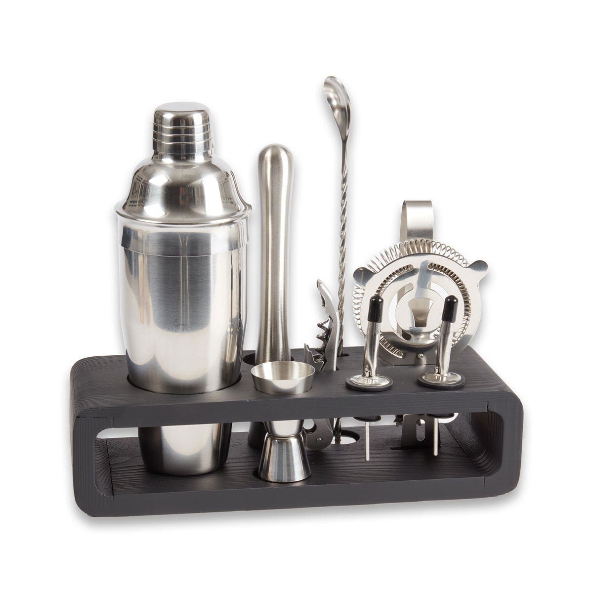 Image of 9 Piece Bar Set with Cocktail Shaker Set and Black Wood Base
